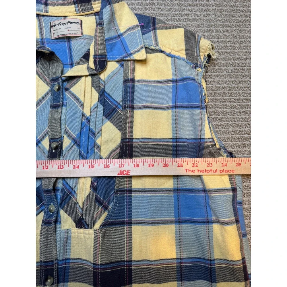 We The Free People Blue Yellow Plaid‎ Sleeveless Button Down Bib Top OB2064767 L - Picture 9 of 10